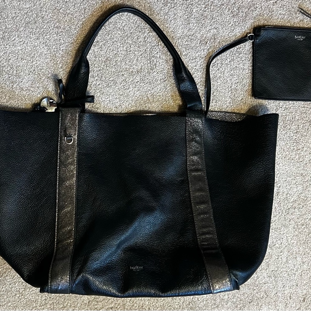 Botkier Leather Black & Silver XL Tote with Pouch. (22”W at top x 13”H)